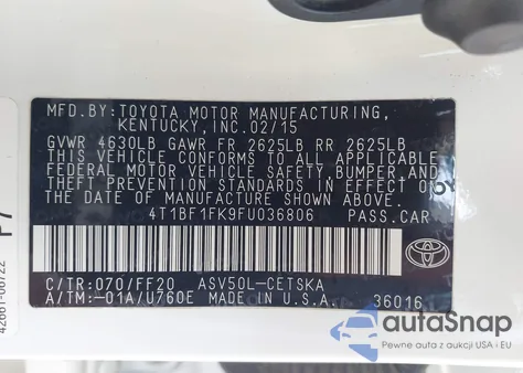 2015 Toyota Camry Se из США, поврежденный, VIN 4T1BF1FK9FU036806